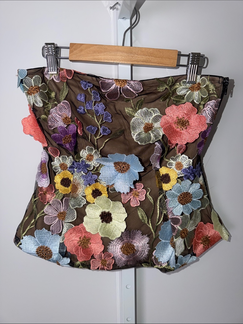 Vici Strapless Floral Embroidered Camisole in Brown Multi